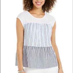Style & Co. White and Navy Striped Cap Sleeve Blouse
